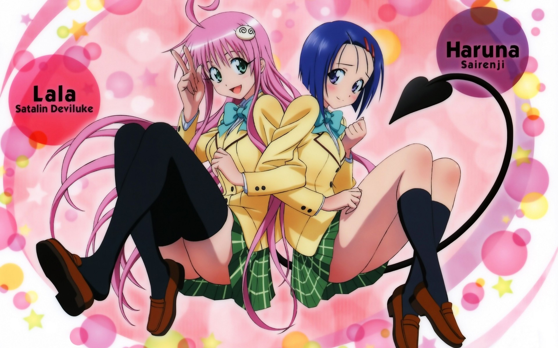 hort hair pink hair sairenji haruna lala satalin deviluke long hair 2girls thighhighs tail blue hair