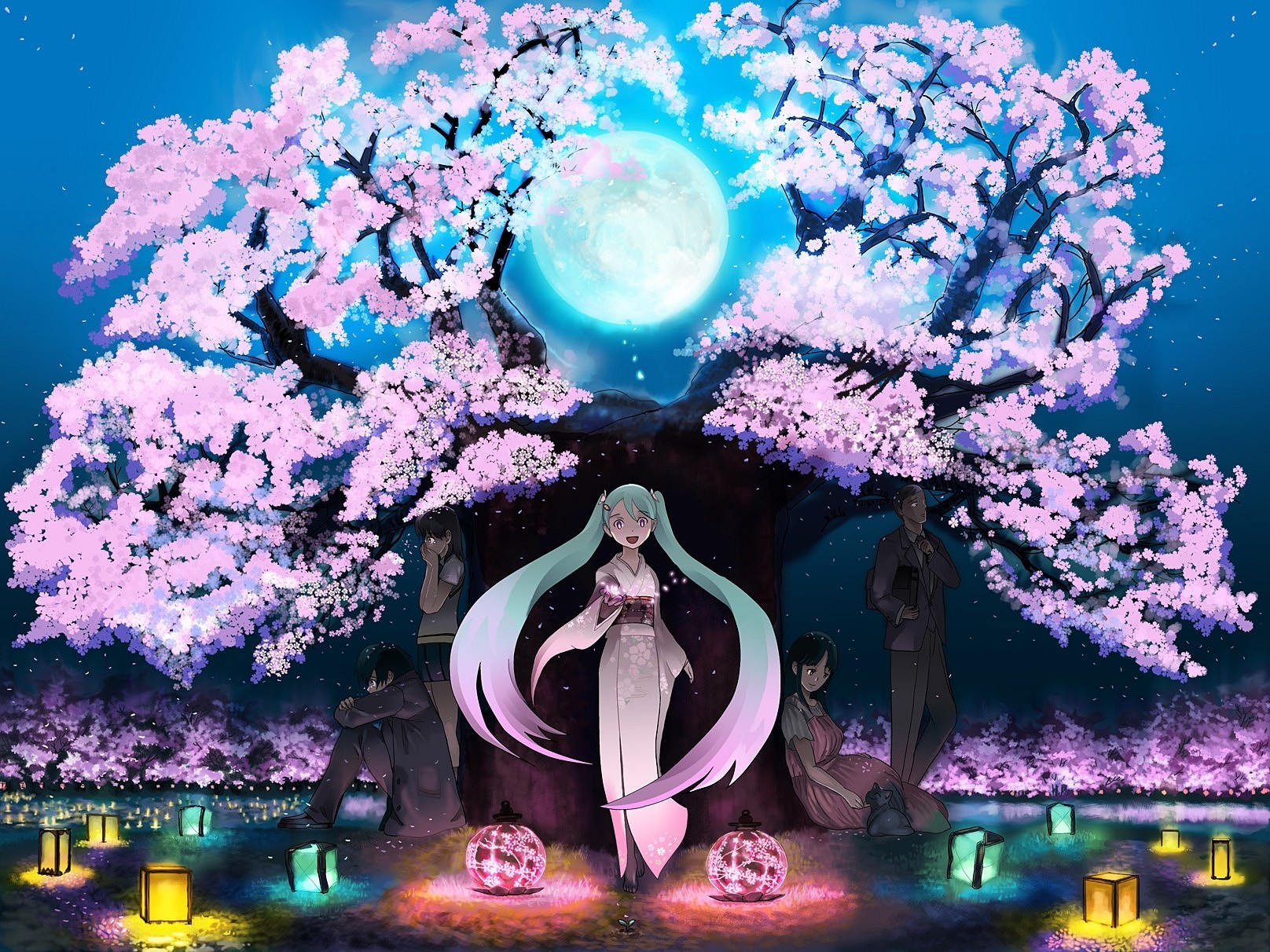 pétales chat animaux vêtements japonais cerises kimono lune hatsune miku