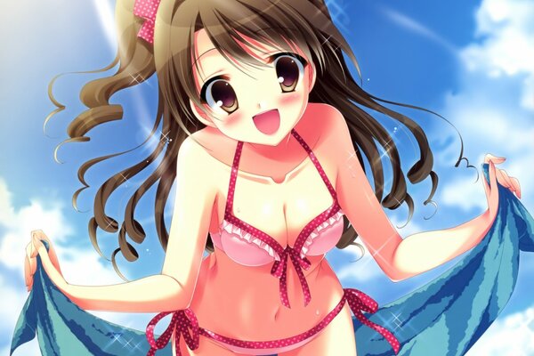 Anime fille aux cheveux bruns en bikini