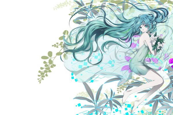 Long-haired girl on the background of nature and flowers