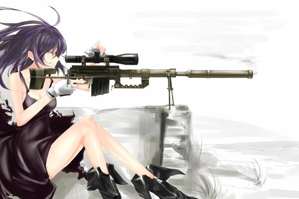 Fille avec de longs cheveux violets vise des armes