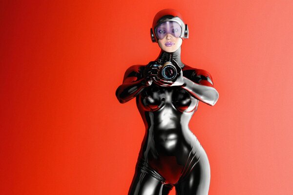 A girl in a latex suit with a camera