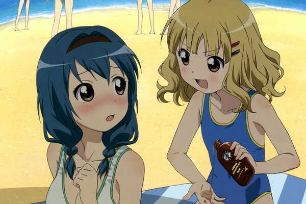 Two anime girls on the beach in swimsuits