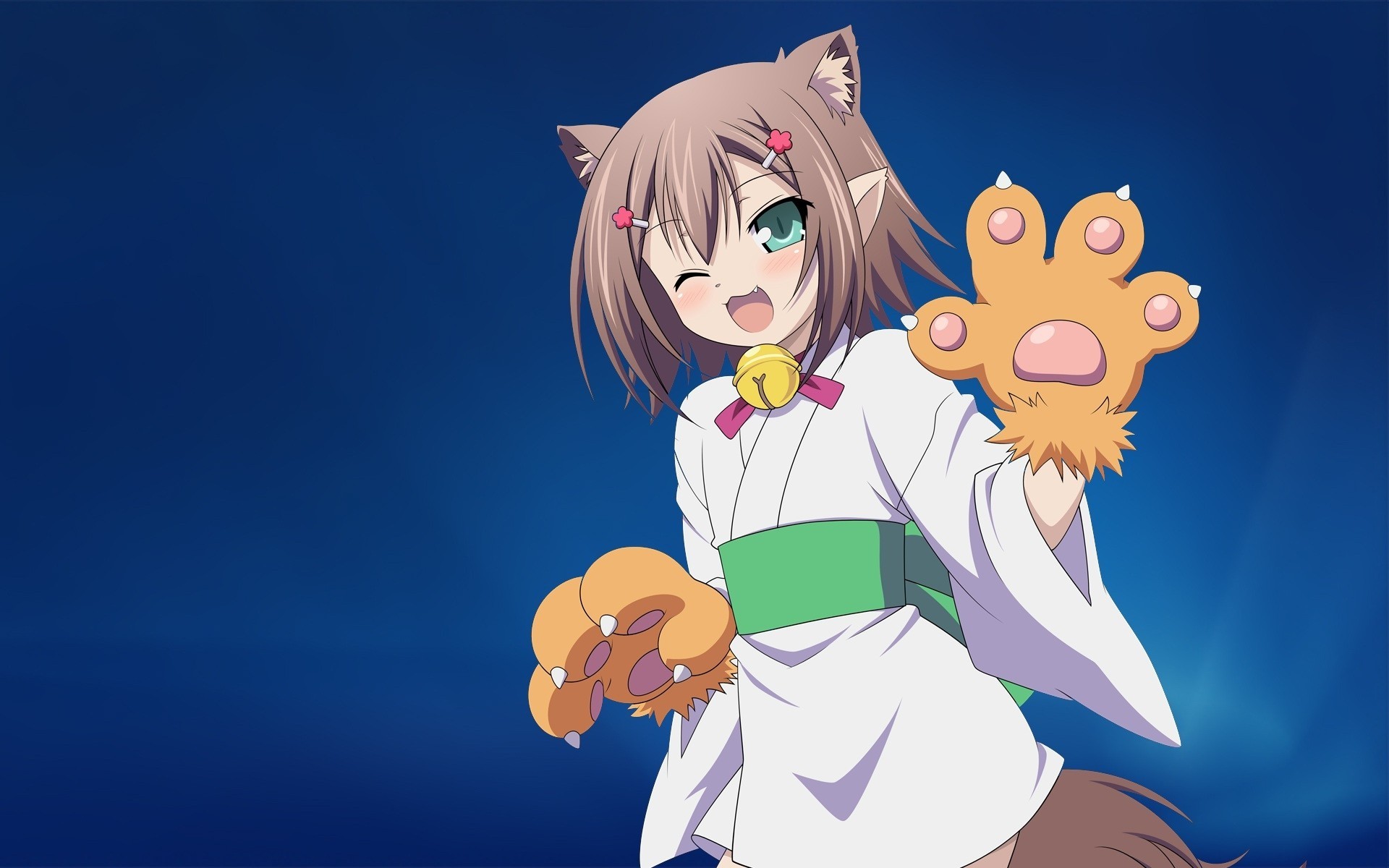 japanese clothes trap green eyes blue fang animal ears tail brown hair