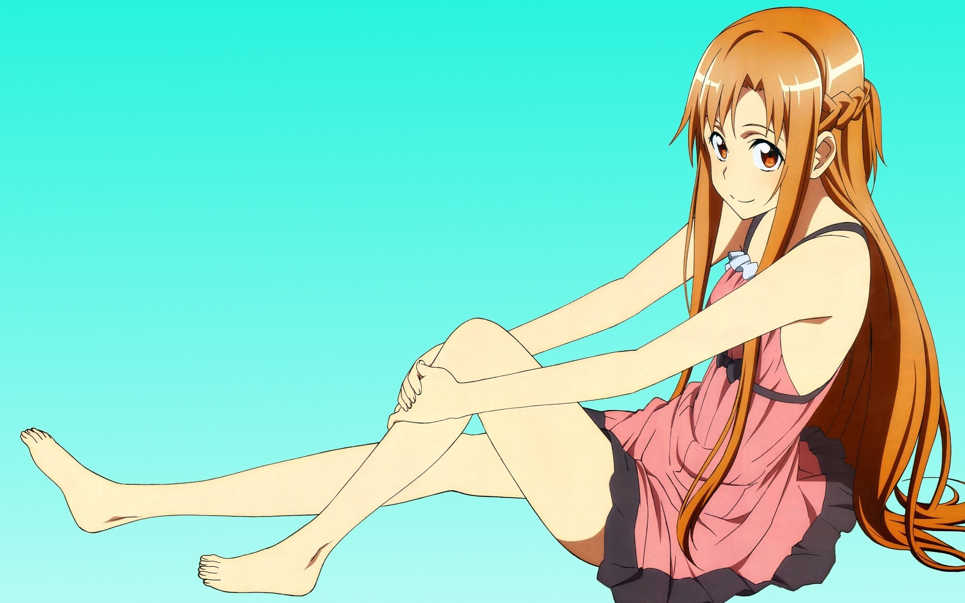 brown eyes barefoot long hair blue yuuki asuna dress brown hair