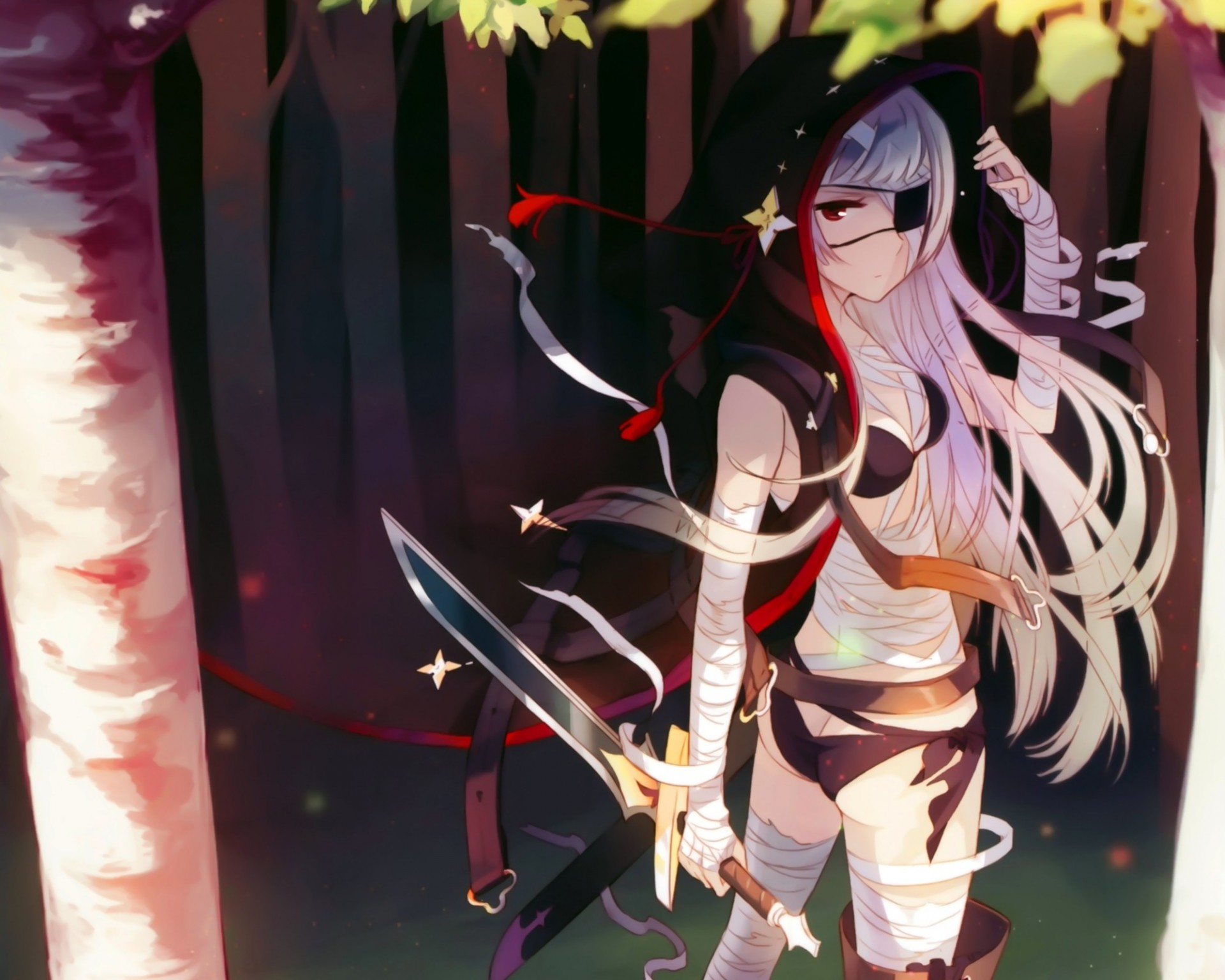 bikini dressings weapon forest long hair sword bandage