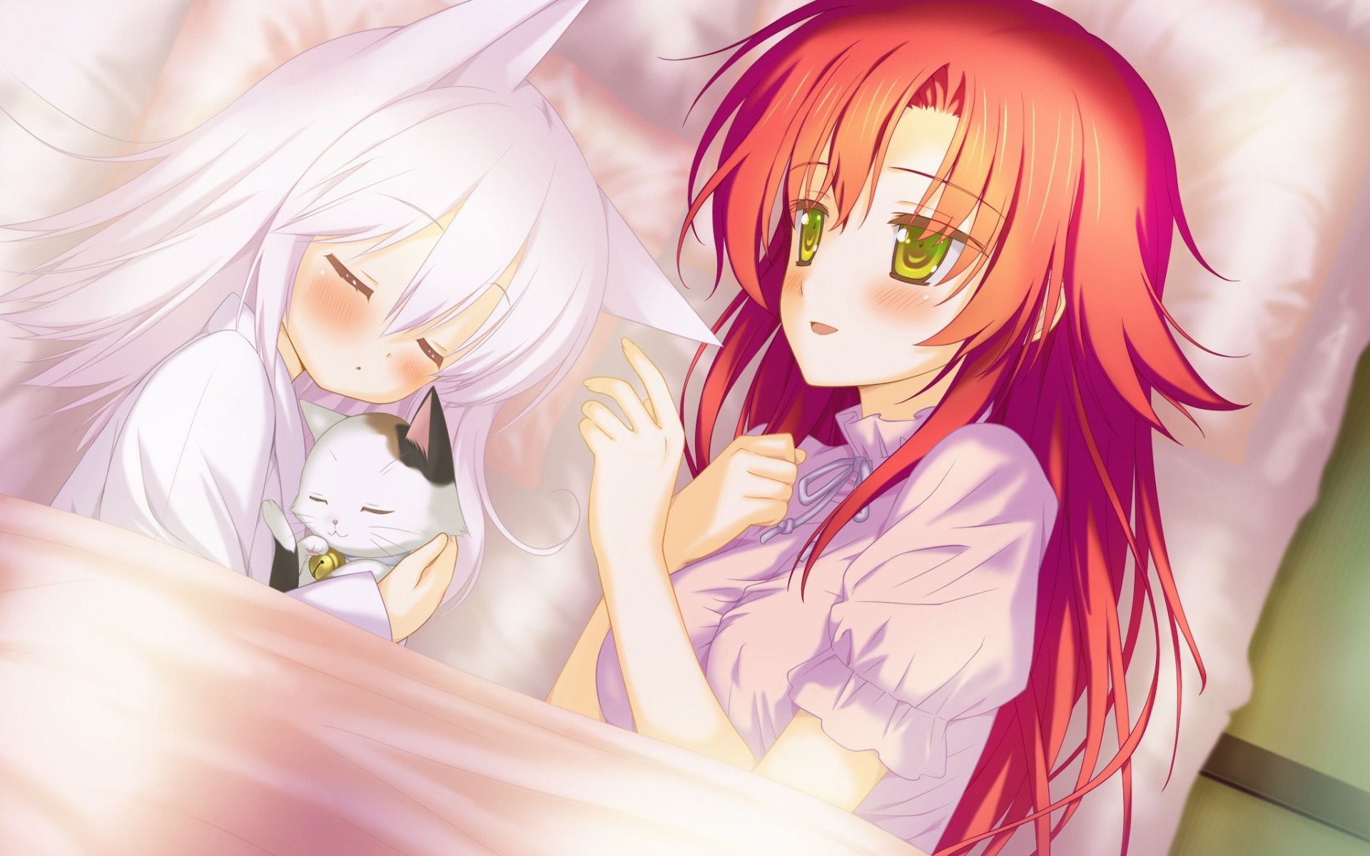 red hair short hair blush bed cat sleep animal long hair 2girls white hair animal ear