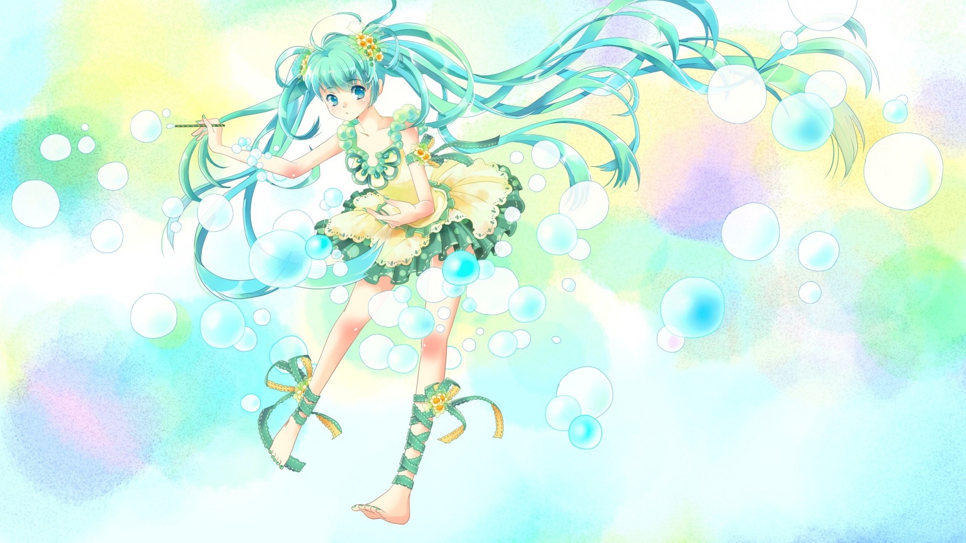 blue eyes barefoot bubbles twintails dress hatsune miku