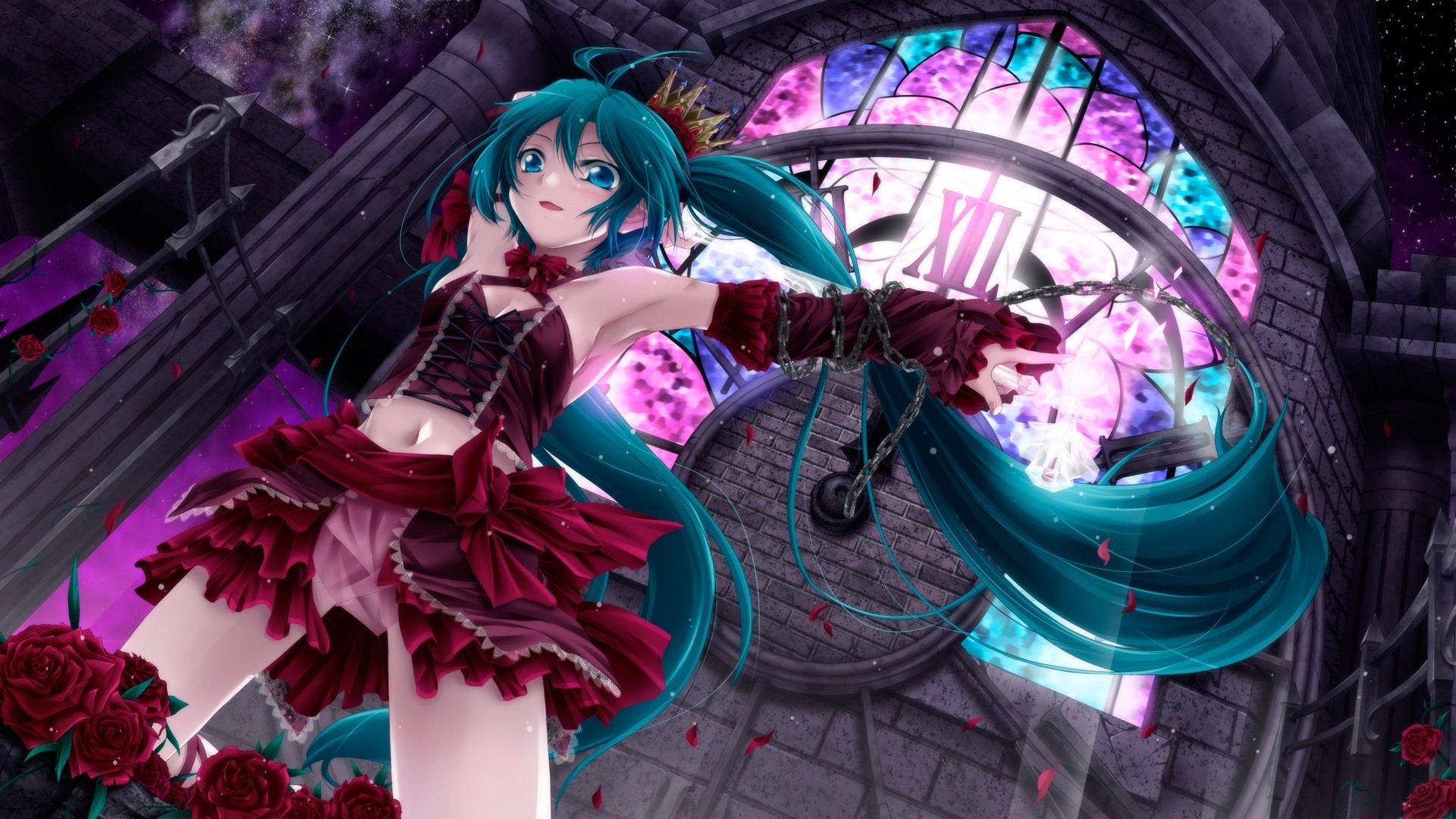 rubans hatsune miku chaînes rose twintails fleurs couronne