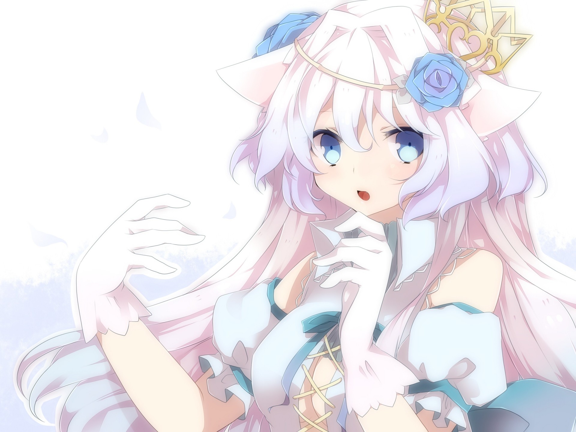 blue eyes pink hair rose gloves long hair fang flower crown animal ear