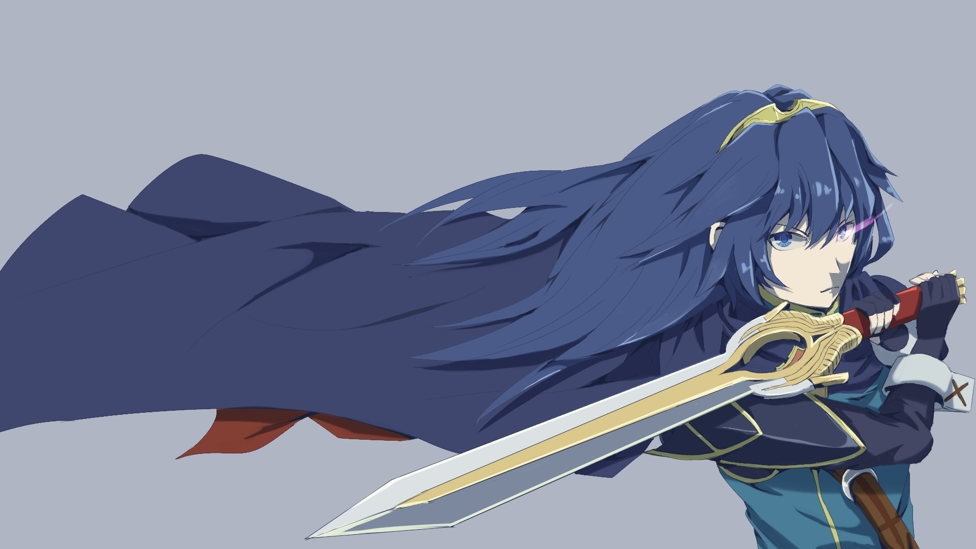 weapon sword blue hair