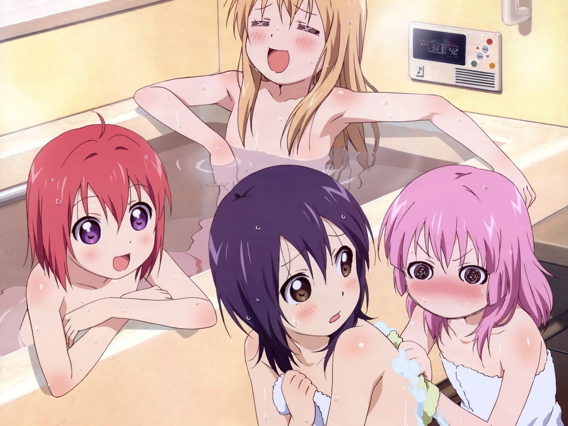 red hair pink hair towel blonde hair blush brown eyes nude purple hair purple eyes yoshikawa chinatsu toshinou kyouko bath water funami yu akaza akari