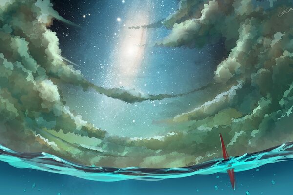 Sea. Starry sky and clouds