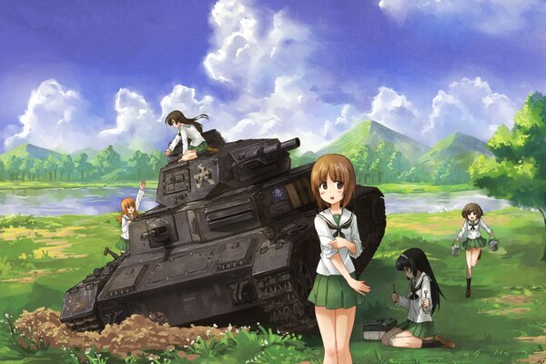 Anime girls on a tank in the field