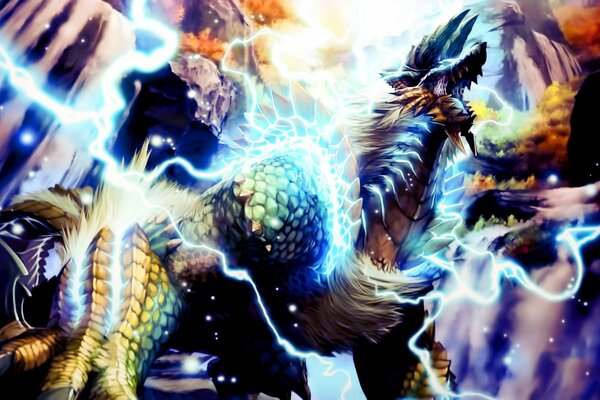 A dragon in lightning. bright colors