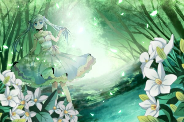 Hatsune miku im Wald unter Blumen. Anime