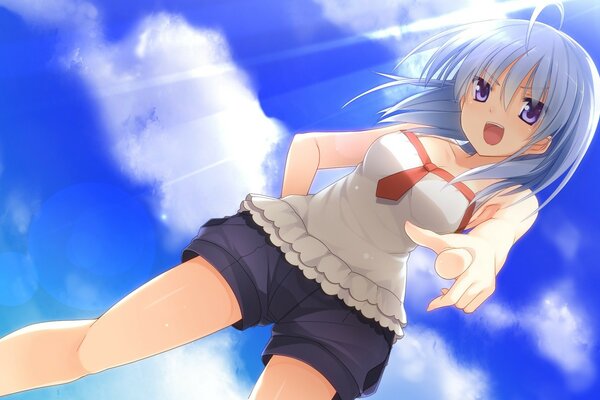 Young anime girl against the sky