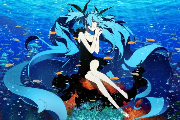 Vocaloid en el mundo marino. Anime con pelo azul