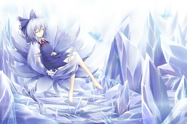 A girl sleeps on a flower among crystals. anime