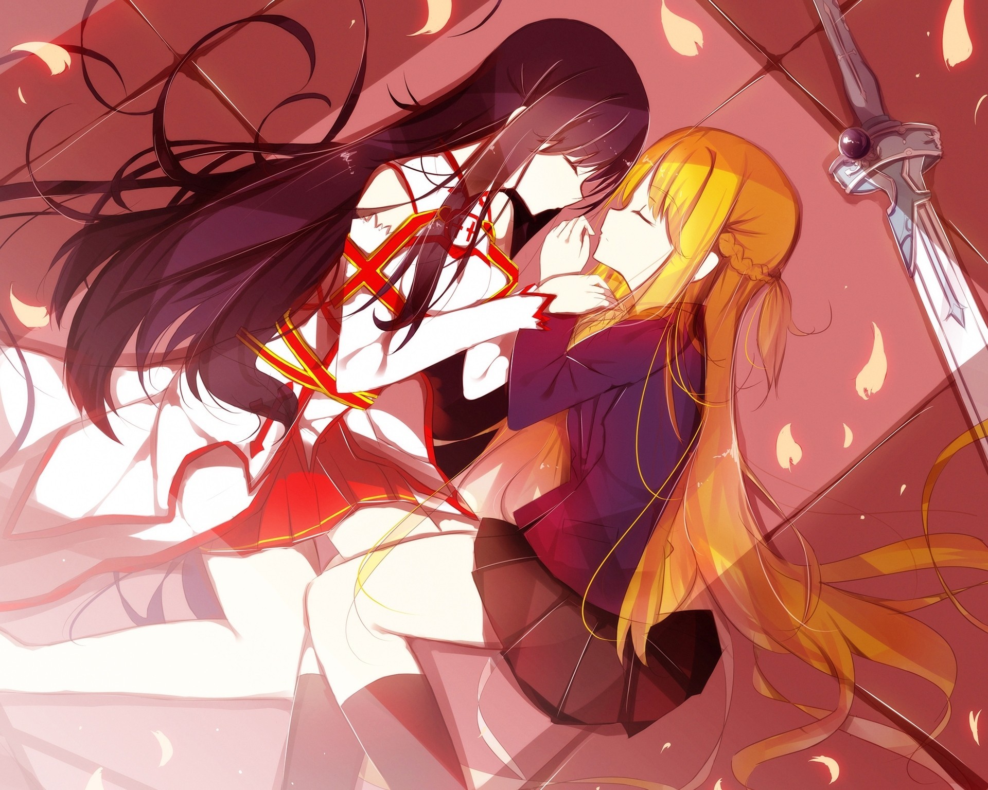 petals seifuku skirt long hair weapon crossover yuuki asuna sword thighhigh