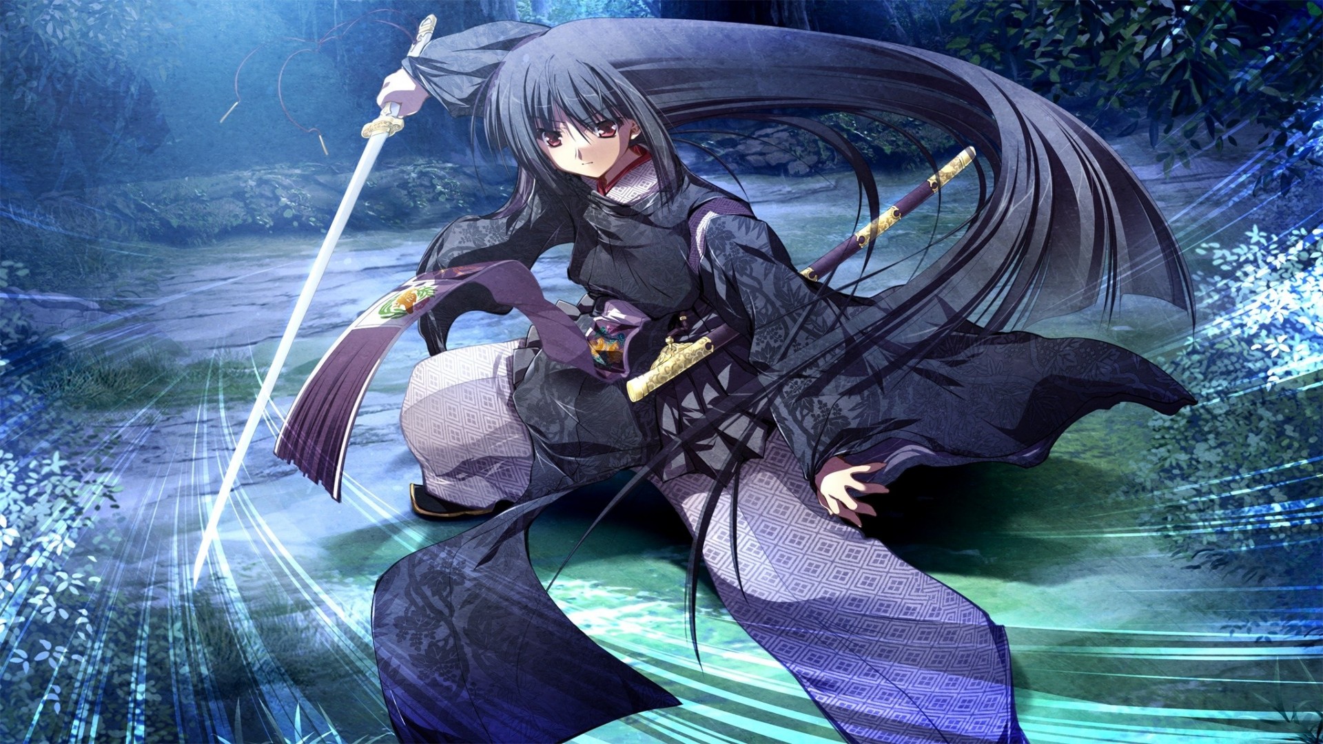 long hair black hair tagme character weapon forest japanese clothes sword