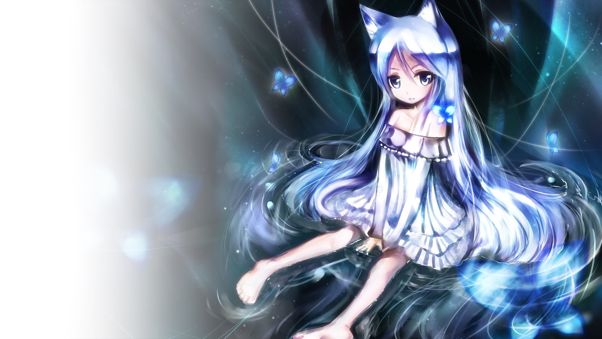 blaue augen hintergrundbeleuchtung barfuß graue haare catgirl lange haare wasser verkleiden sich tierohren