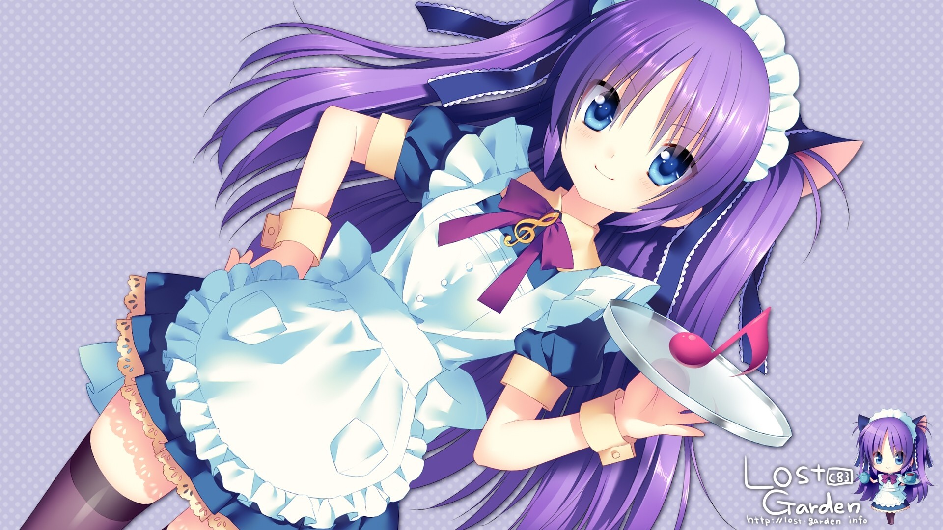 blue eyes tapes blush chibi maid purple hair long hair stockings dre