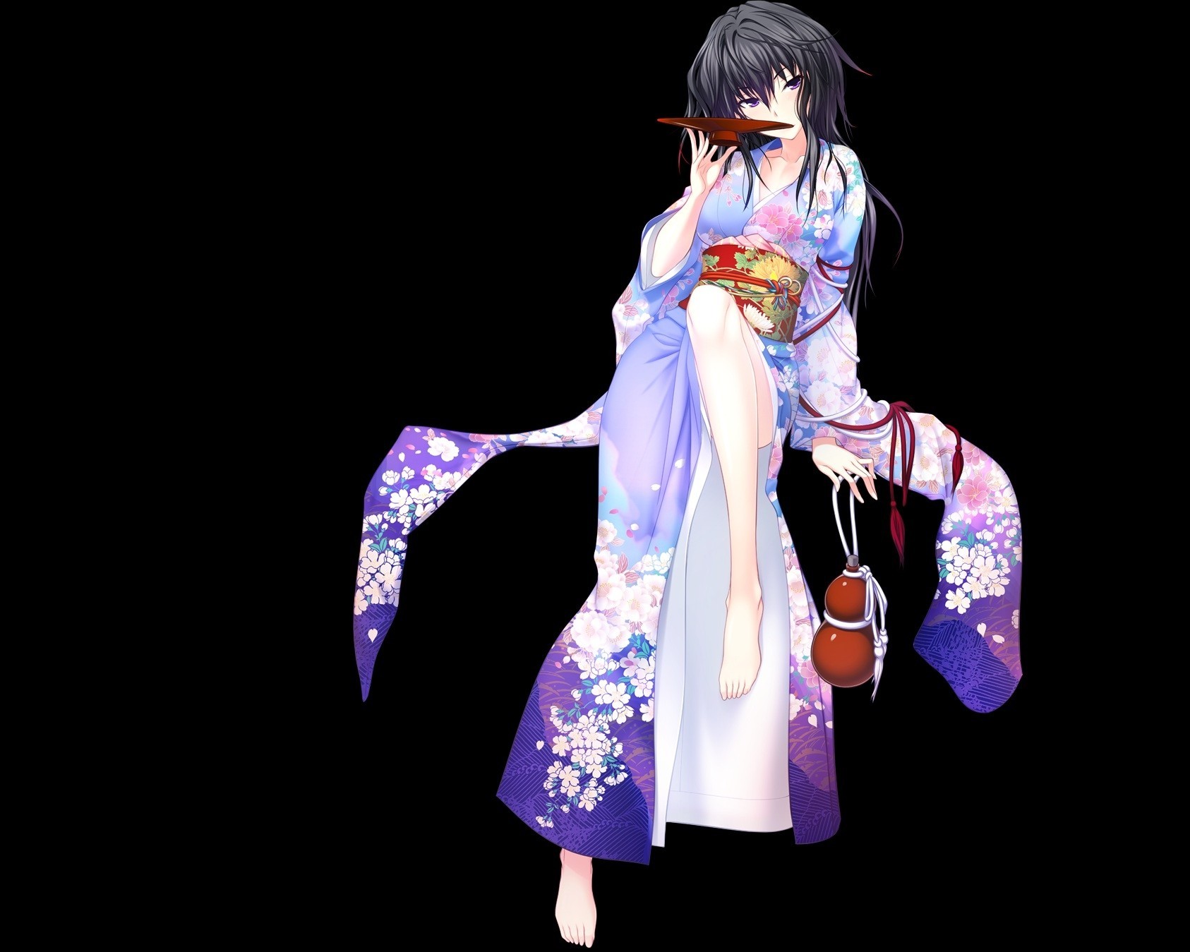 barefoot long hair black hair japanese clothes kimono