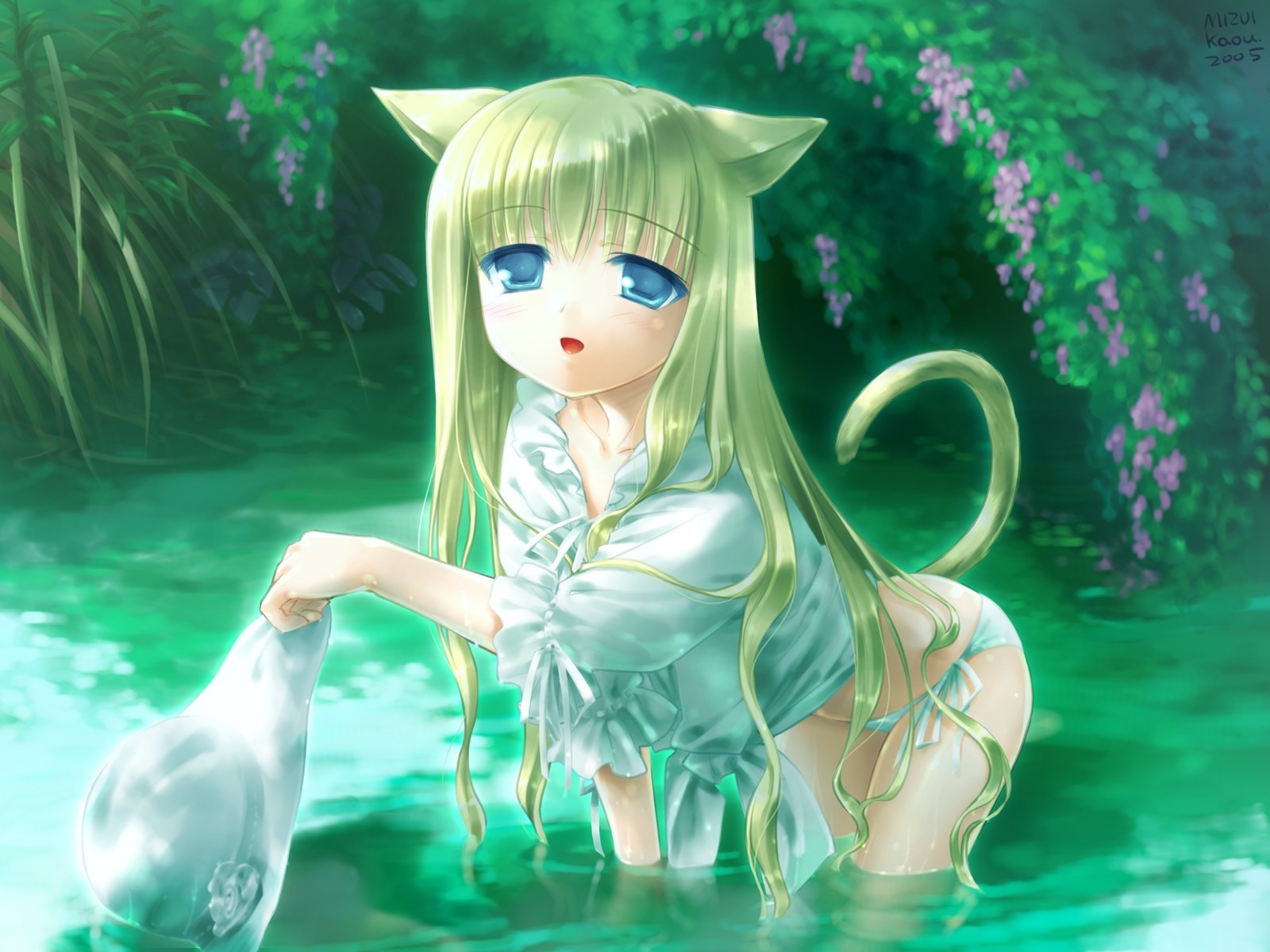 ojos azules sombrero traje de baño tagme pelo largo agua flores catgirl orejas de animales