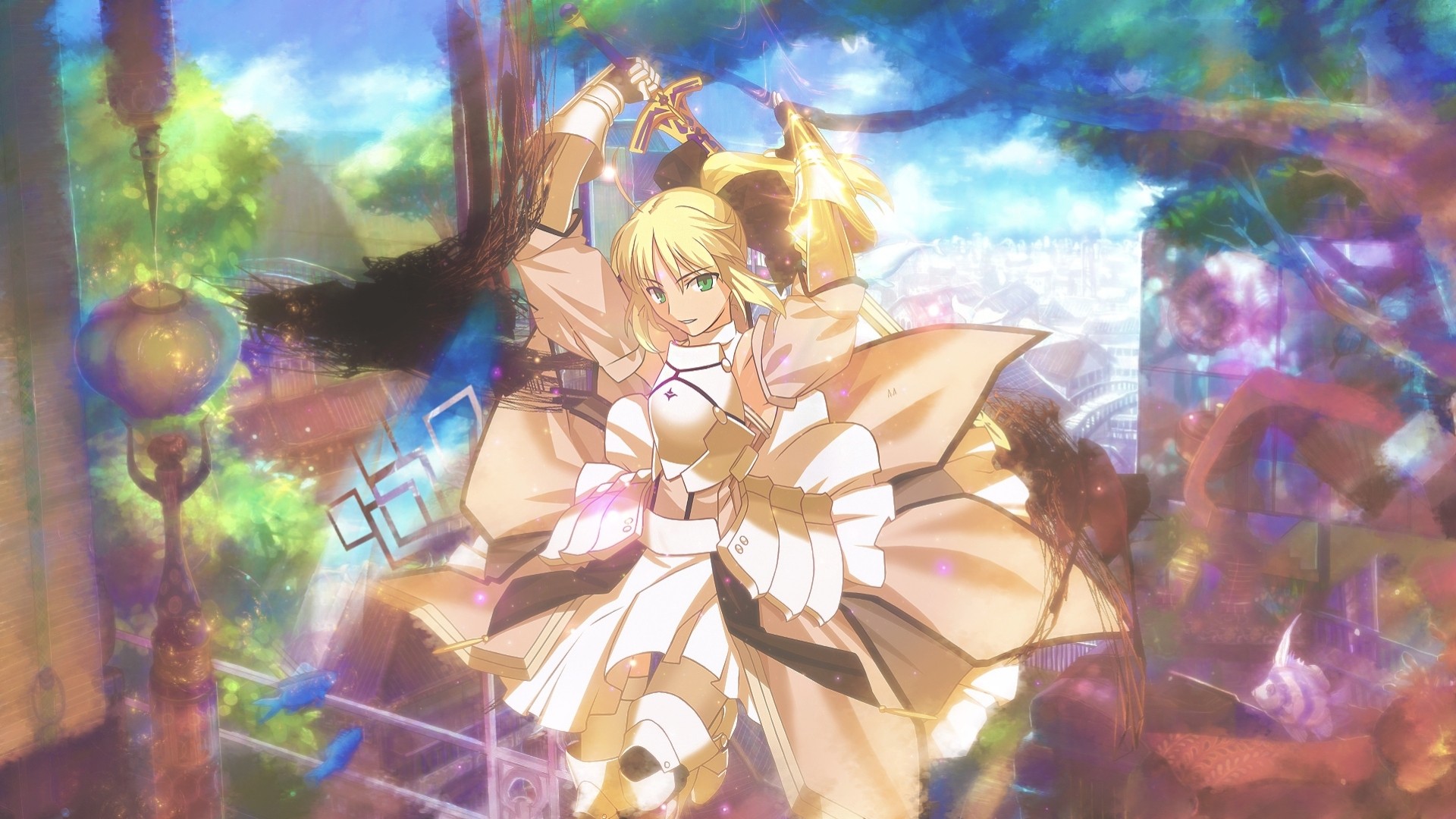 blonde hair armor weapons green eyes sword saber