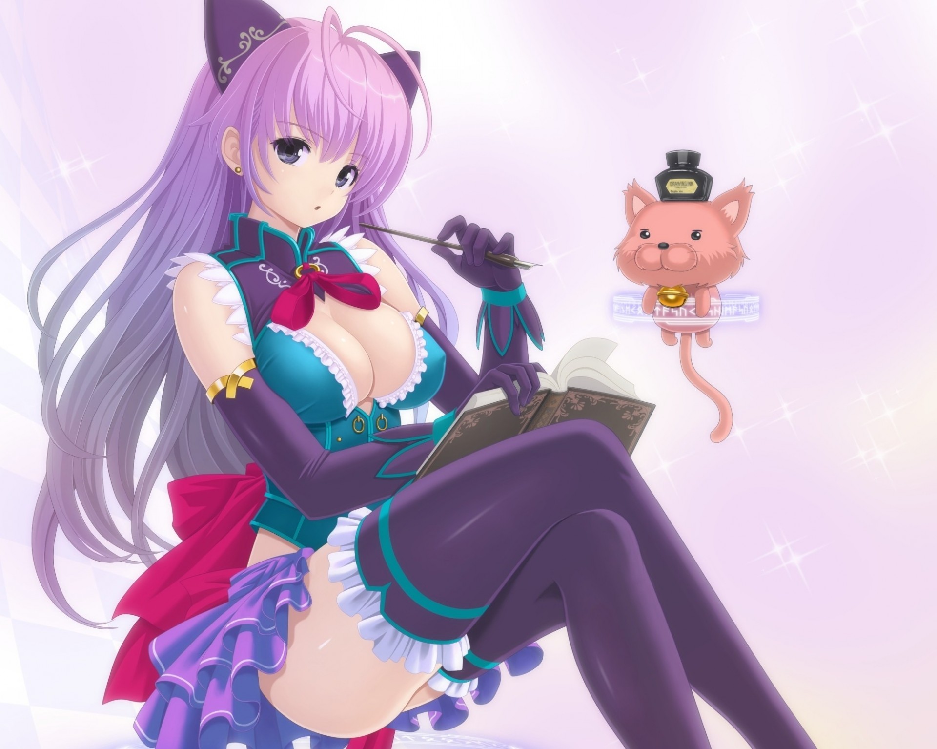 gray eyes torment cat animals long hair book thighhighs catgirl purple hair animal ears tail