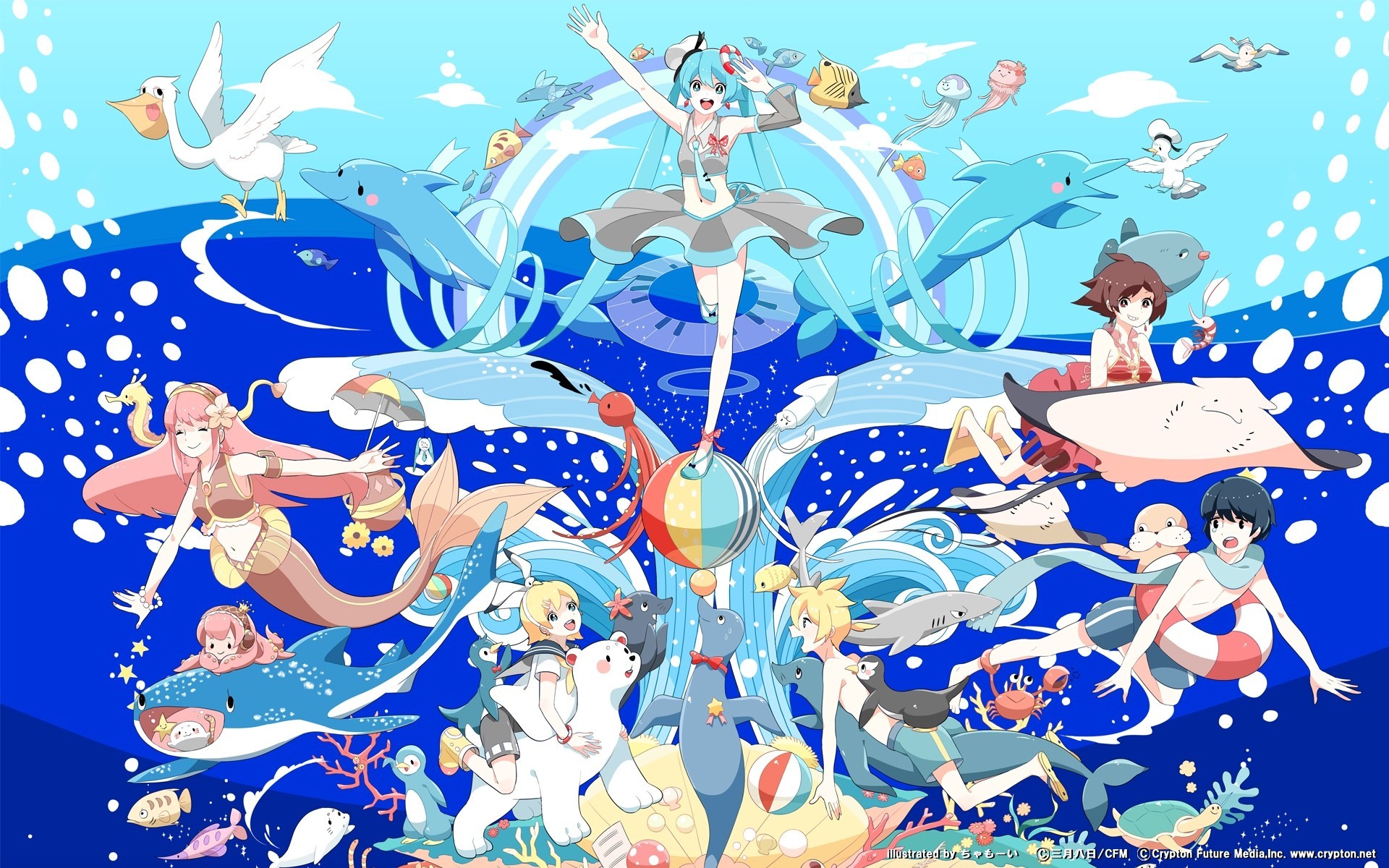 kaito fish kagamine len kagamine rin clouds bikini swimsuit green hair flowers hatsune miku megurine luka pink hair turtle bubbles blonde hair hat black hair long hair water umbrella short hair seifuku blush bow animals twintai