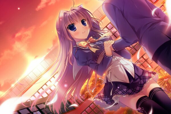 Anime girl sur fond de gratte-ciel de la ville