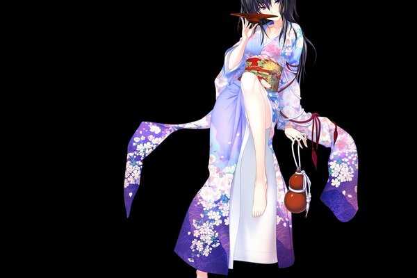 A girl with long black hair in a kimono