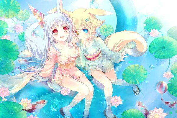 Zwei anime-Mädchen auf dem Wasser mit Blumen