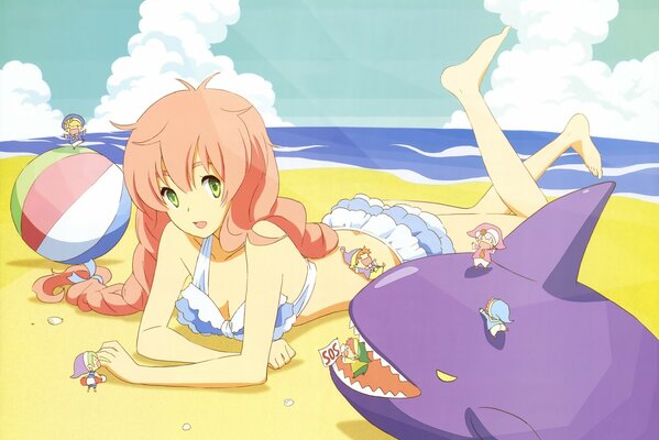 Anime Mädchen im Badeanzug am Strand