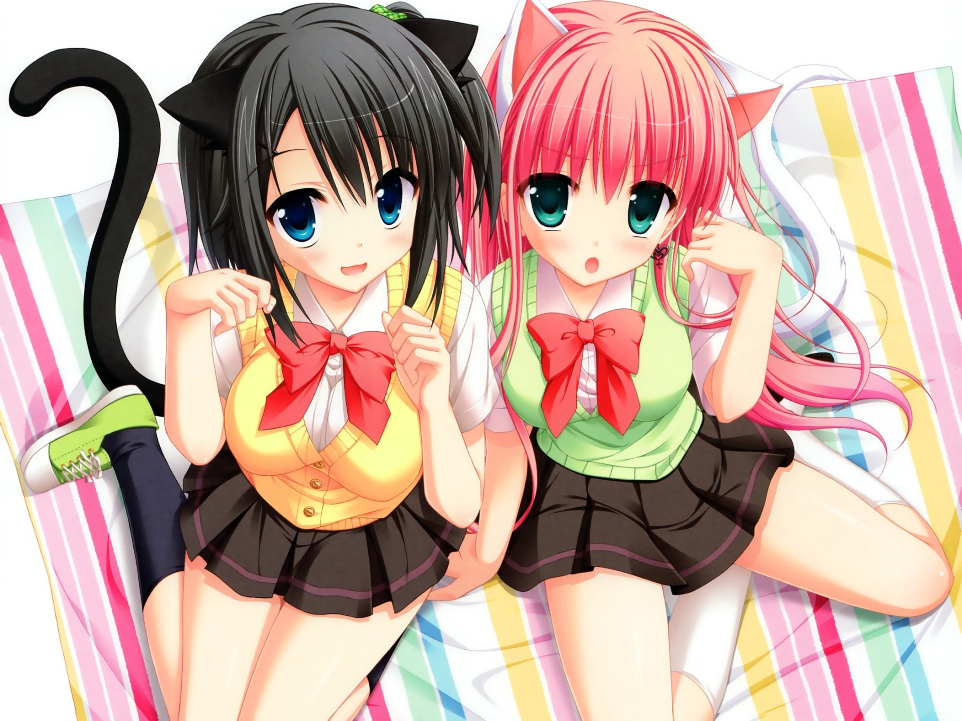 pink hair seifuku black hair 2girls catgirl animal ears tail