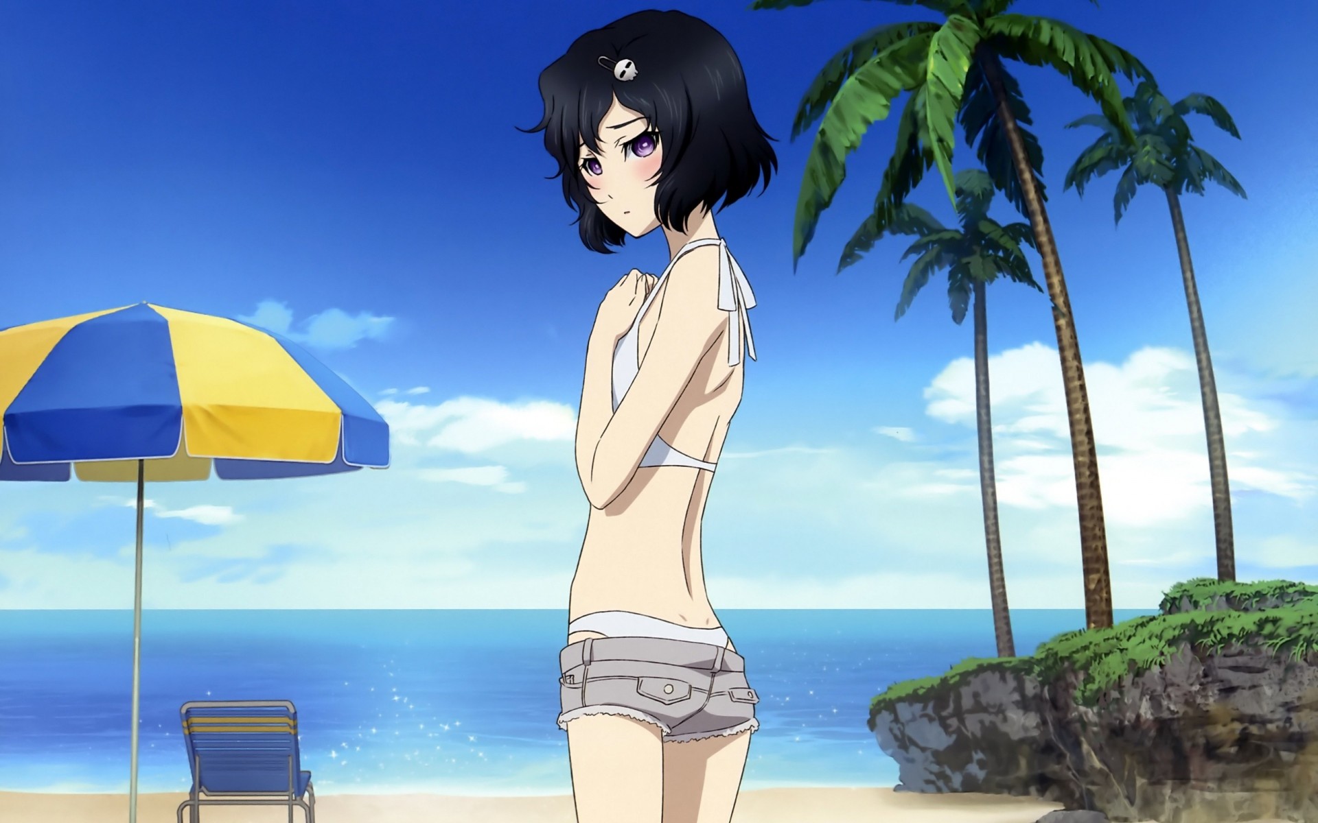 ciel cheveux courts plage enzo nuages bikini cheveux noirs arbre yeux violets eau short rougir maillot de bain piège urushibara main