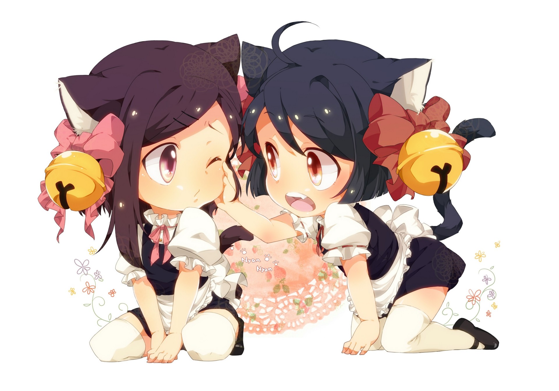 wink torment black hair 2girls purple hair purple eyes thighhighs fang red eyes catgirl animal ears maid tail