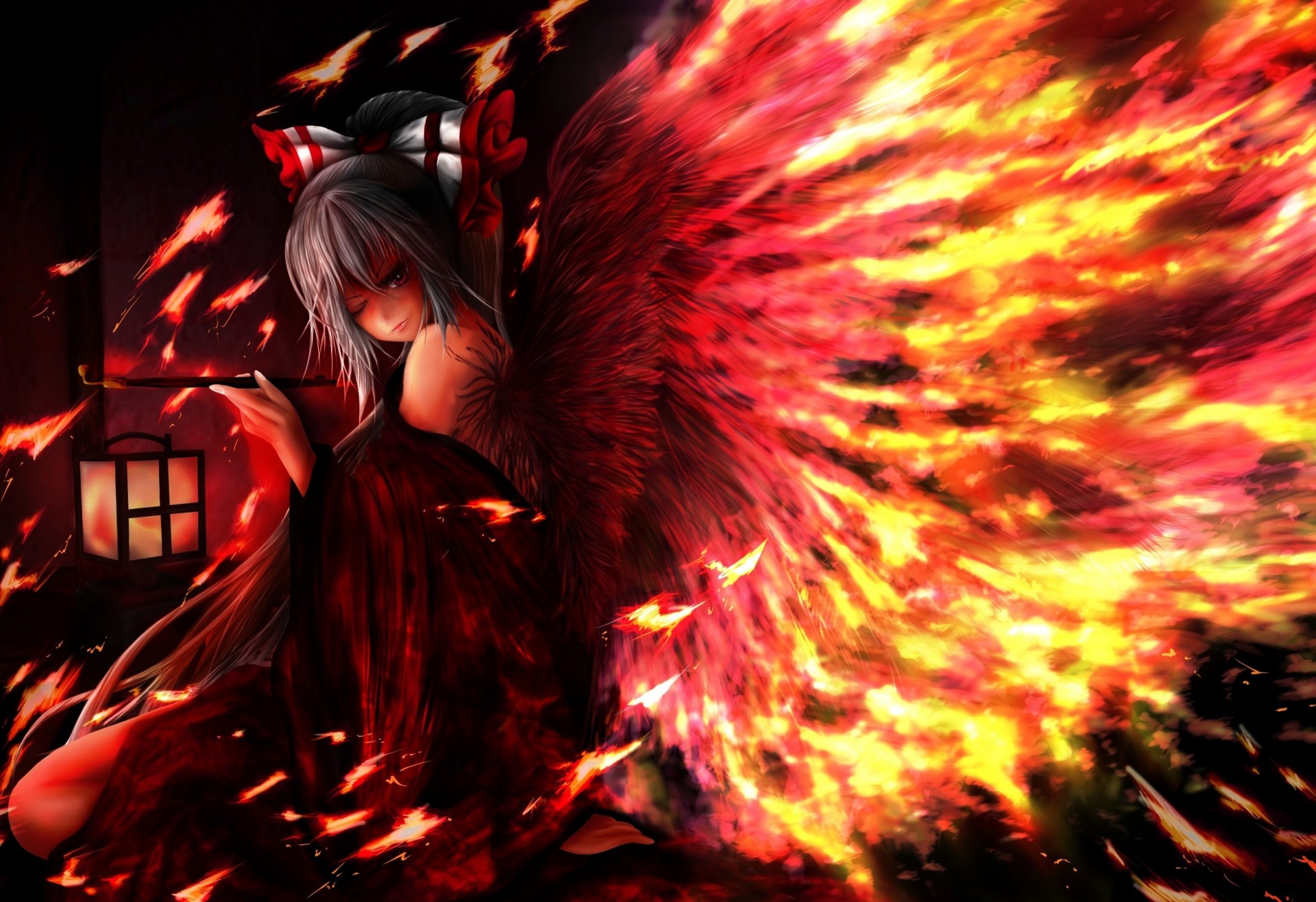 red wings long hair white hair torment red eyes japanese clothes kimono tail fire