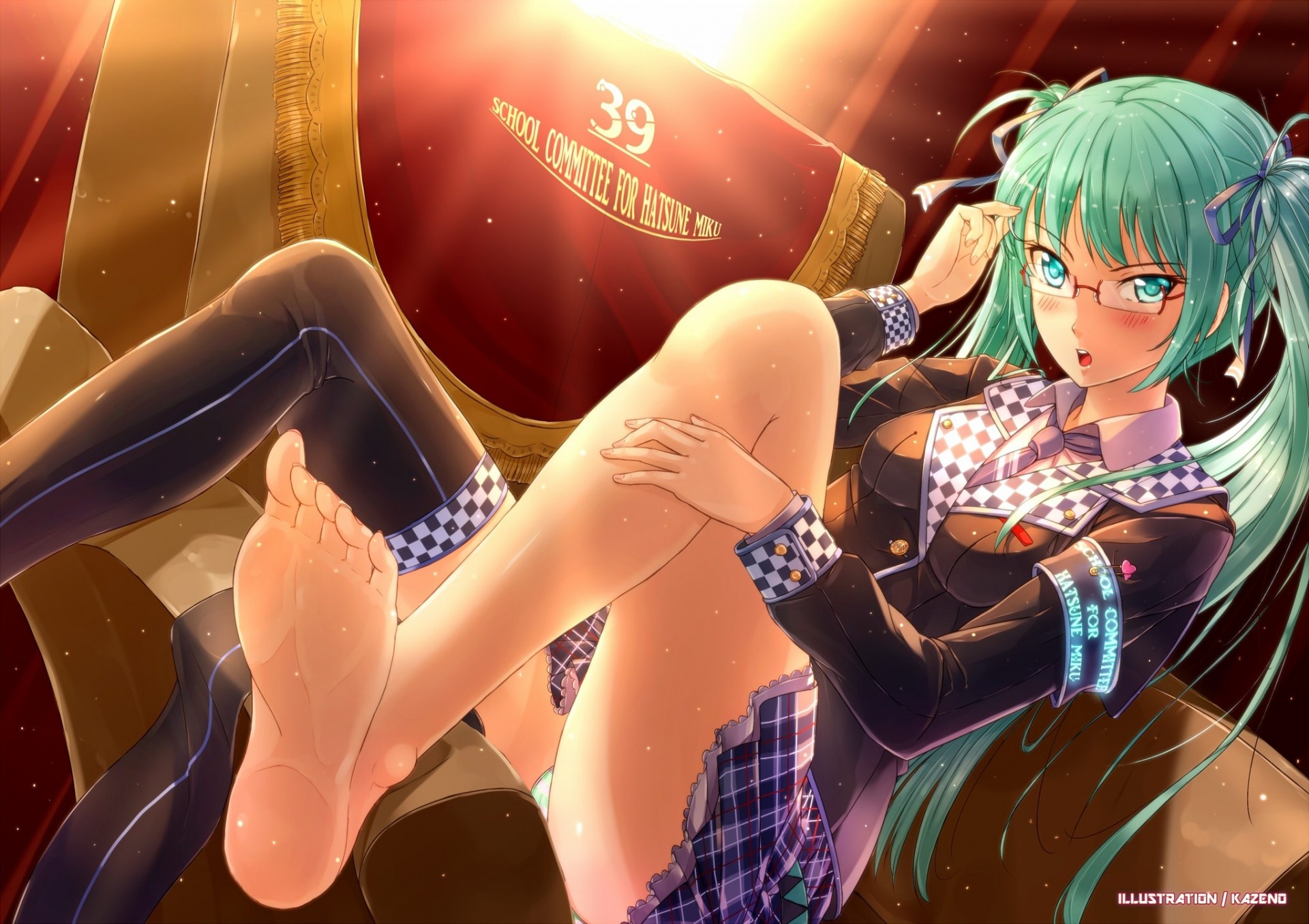 eifuku twintails rougir culotte cheveux longs lingerie hatsune miku cravate lunettes thighhigh