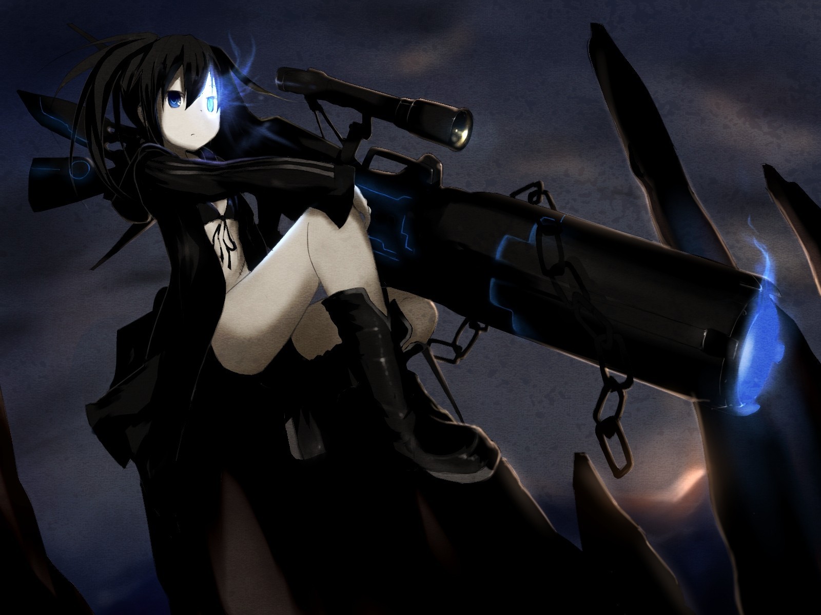 blue eyes flying fortress long hair boots bikini black hair chains twintails weapon kuroi mato