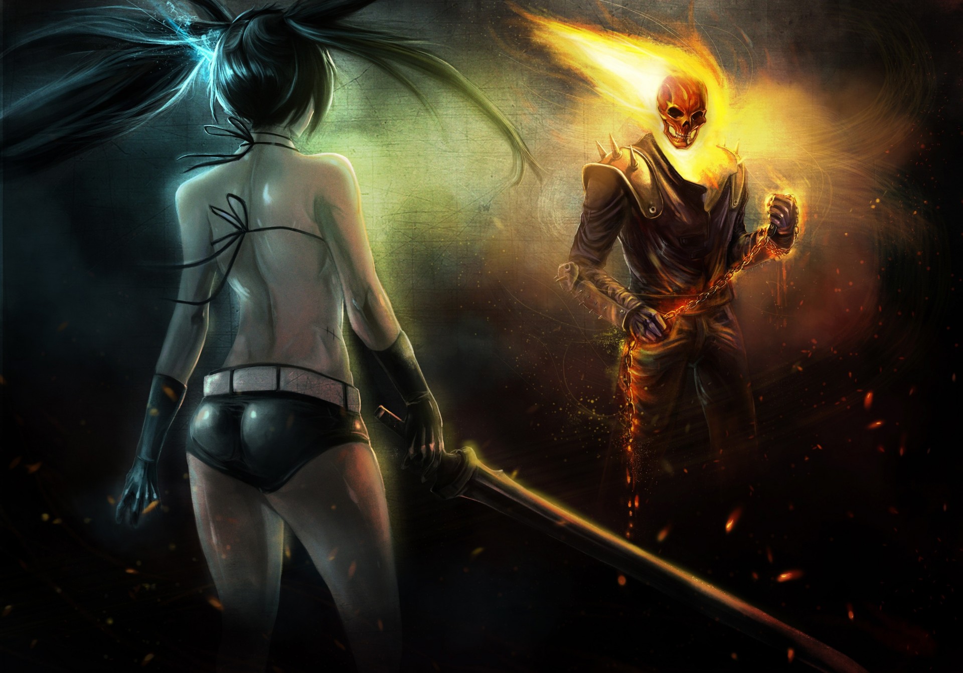 twintails ghost rider black hair chains gloves weapon tagme kuroi mato shorts fire sword