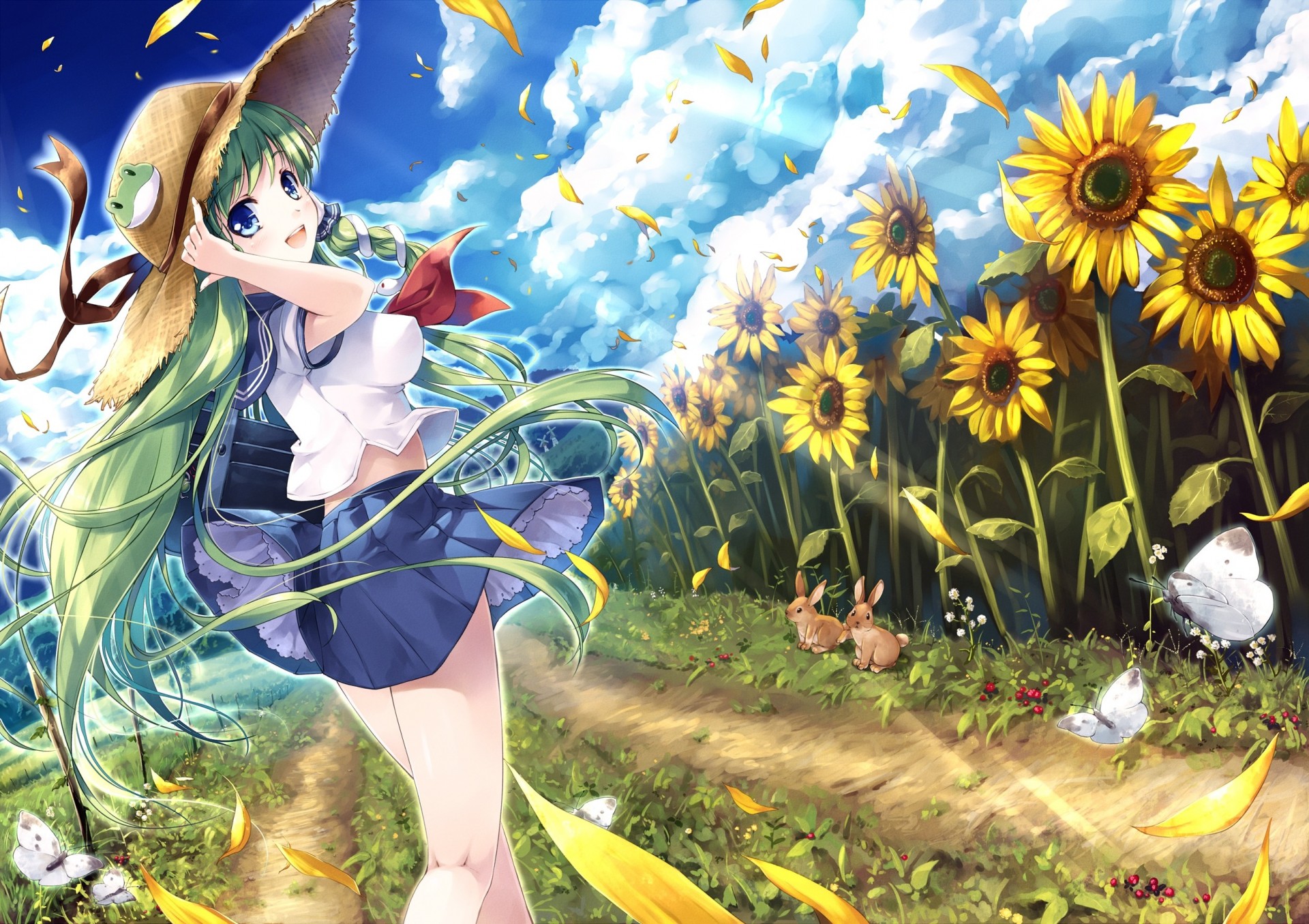 ky blue eyes petals seifuku light skirt hat clouds green hair animals hare long hair tapes rabbit flower kochiya sanae sunflower