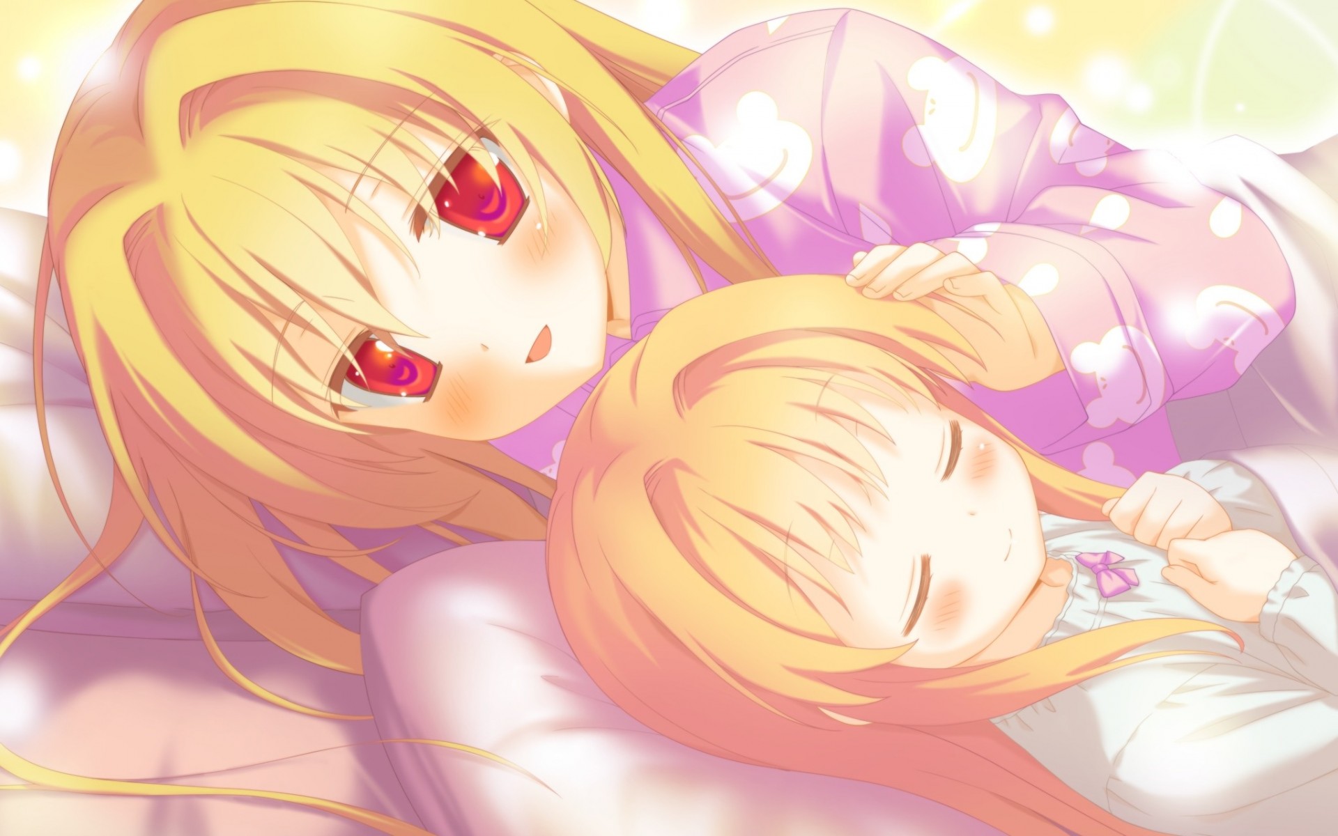 blonde hair blush bed sleep red eyes long hair