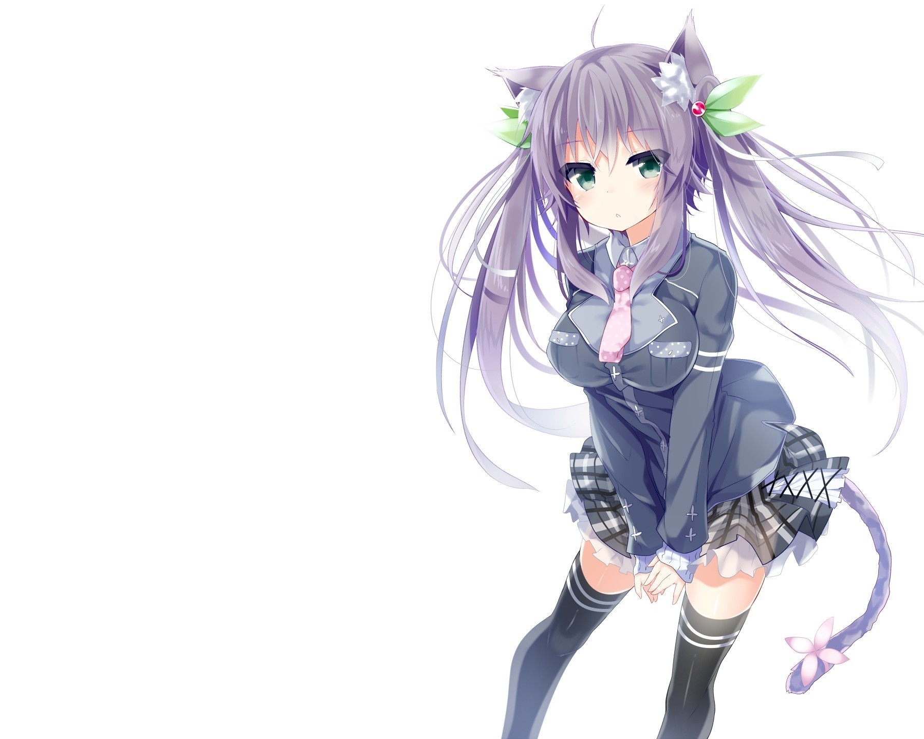 eifuku jupe cheveux gris yeux verts cheveux longs blanc thighhighs catgirl oreilles d animaux queue de cheval