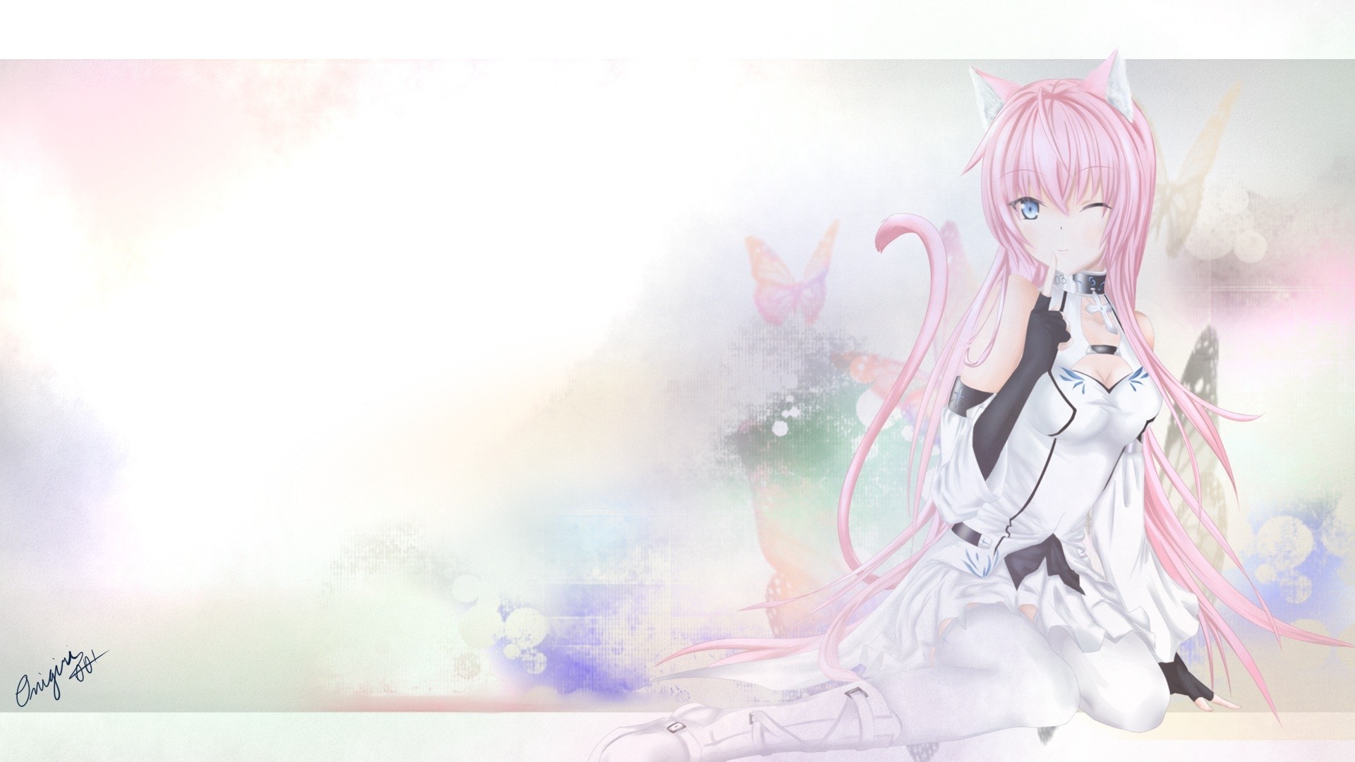 blue eyes pink hair light cosplay tagme catgirl animal ears megurine luka tail