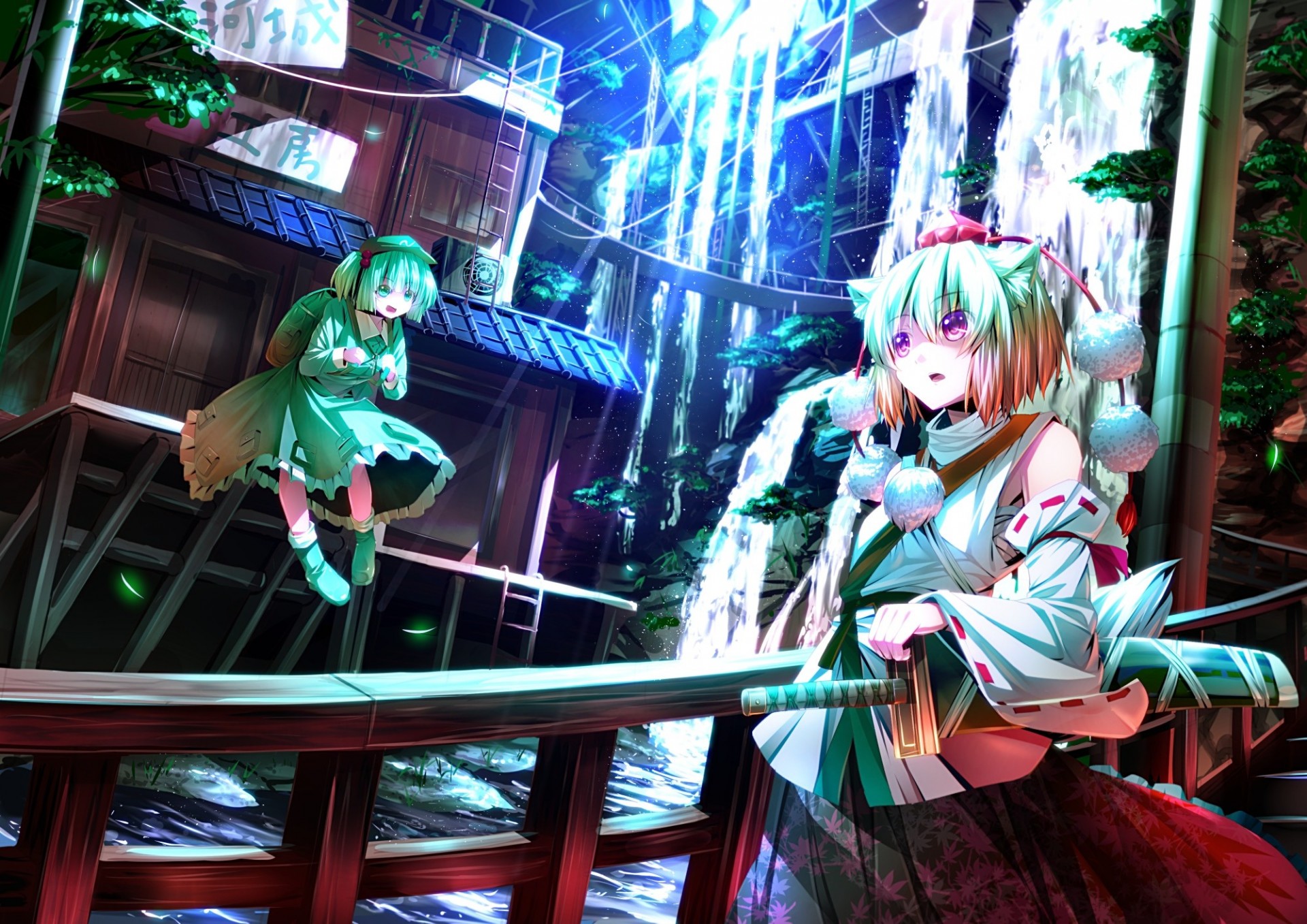 hort hair hat inubashiri momiji weapon purple eyes 2girls water sword white hair animal ears tail