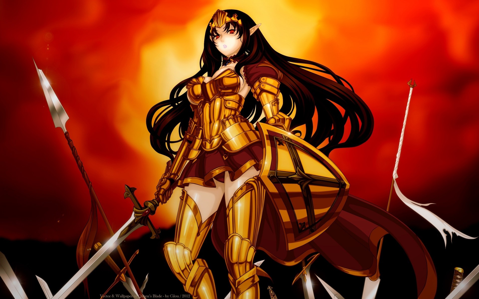 cape sword skirt armour elf shorts long hair spear weapon necklace red eyes underwear tagme character tiara brown hair