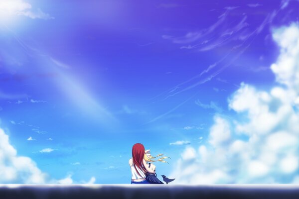 Red-haired Misuzu Kamio looking at the blue sky